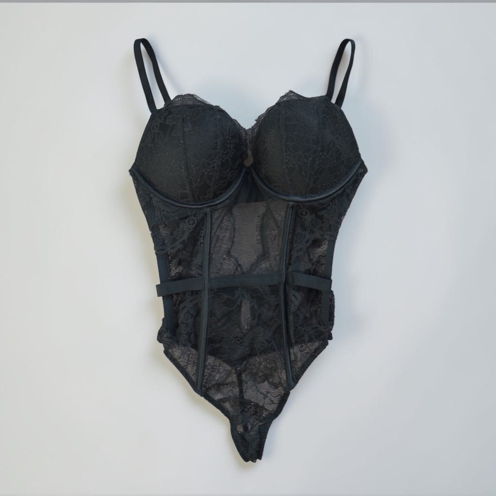 Victoria's Secret Bombshell Push Up Teddy Black Rose Lace Corset Bodysuit Small